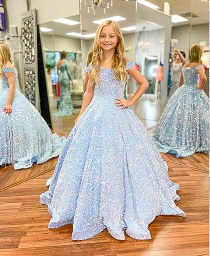 Girl's Sequin Flower Girl Dress Off Shoulder Pageant Dresses with Pockets Kids Long Prom Party Gowns2