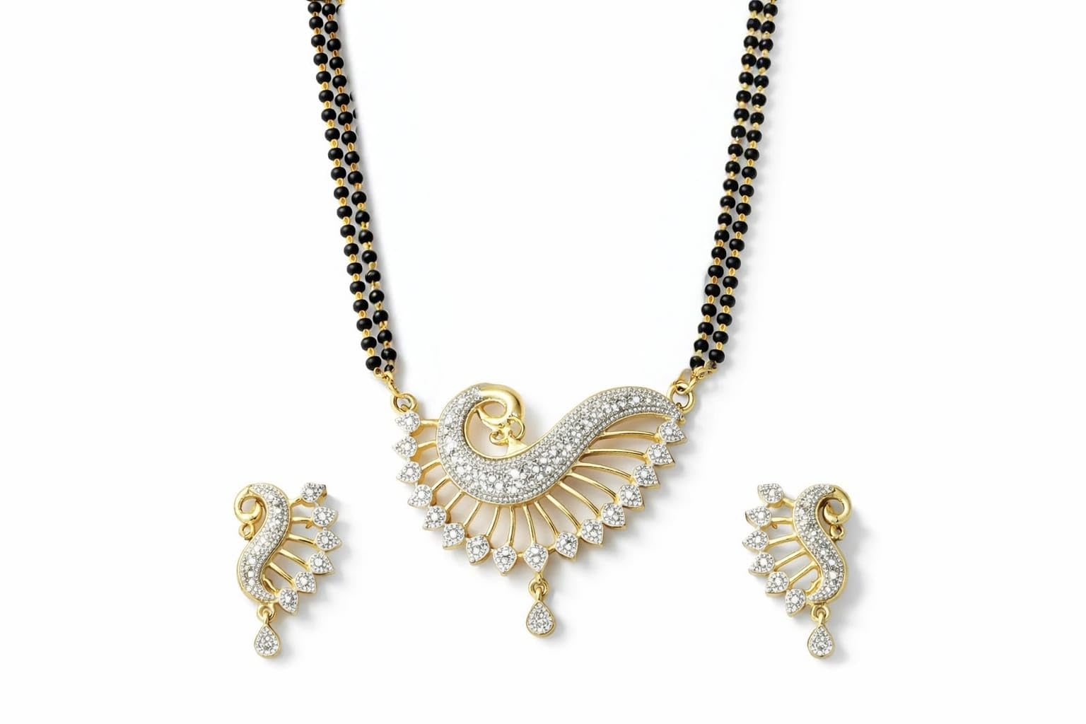 Double Strand Black Bead Mangalsutra Set with CZ Stone Peacock Pendant and Earrings, Gold-Toned-image-7
