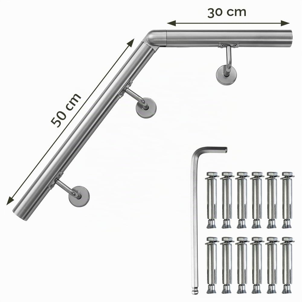 Handlauf aus Edelstahl mit Winkel 50 cm Gelenkverbinder Rohrverbinder Treppengeländer Geländer für Treppe 4,2 cm Wandhandlauf Wand Treppe V2Aox