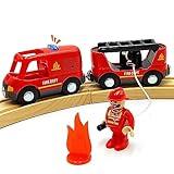 Magnetic Trains Cars Set Wooden Train Track Accessories Fire Truck Train Set for Toddlers 3-5 Wooden Train Sets for Boys Ages 2-4-7 (Fire Truck B (with Light and Sound))