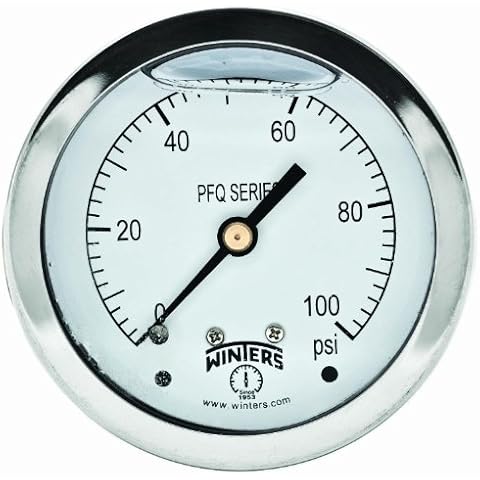 Winters 2-1/2" Dial Size, Liquid Filled Industrial Pressure Gauge, Brass Internals, 304 Stainless Steel Case, Single Scale 0-100 psi, 1.5% Acc, 1/4" NPT Back Mount, Glycerin Filled Pressure Gauge Cover