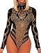 Red Dot Boutique 8039 - Plus Size Sheer Mesh Print Long Sleeves Bodysuit (3X, Black with Rhinestones)