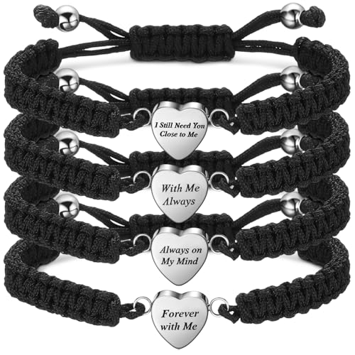 4 Pack Urn Bracelet Cremation Jewelry for Ashes Heart Handmade Braided Ashes Bracelet Adjustable Personalized Memorial Keepsakes Bangle Rope for Women Men Loved Ones and Pets