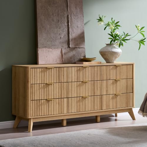 Image of T4TREAM 63 inch Wide Fluted 9 Drawer Dresser for Bedroom, Natural Oak | Mid Century Modern, Curved Profile, Metal Handles, Anti-tip Kit, Smooth Slides, for Living Room, Hallway