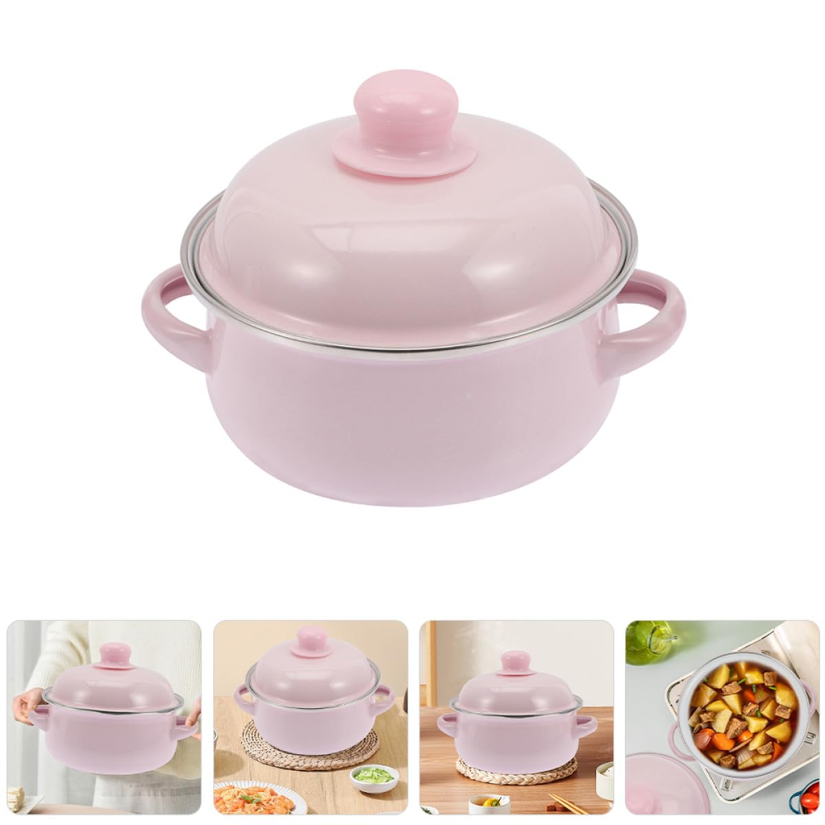 VICASKY Marmite en Émail Épais 1,7l avec Double Poignée 18 Cm Rose Casserole Rétro Antiadhésive pour Ragoûts et Soupes, Ustensile la Cuisine Vintage pour Cuisson Gaz et Électrique