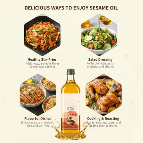 Image of LILA DRY FRUITS Sesame Oil 1 L (500 ML x 2) Gingelly Oil for Cooking, Tempering & Traditional Recipes | Natural Til ka Tel for Daily Kitchen Use Cold Pressed Seseme Oils Cholesterol Free Goodness of Omega 6