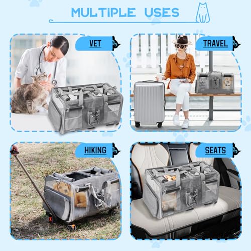 Extra große Haustiertrage mit Zwei Fächern und Rollen für Katze/Hund, Abnehmbarer Faltbar Katzentransportbox für 2 Katzen bis 20kg, Belüftetes Katzen Kucksack Groß für Reisen/Wandern/Camping