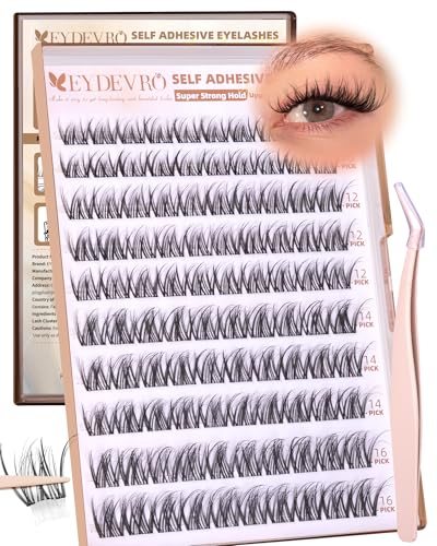 EYDEVRO Self Adhesive Eyelashes Spider Lash Clusters with Non-stick Tweezers Preglued Self Adhesive Lash Clusters Natural Wispy Cluster Lashes Glueless Cluster Eyelash Extensions Waterproof