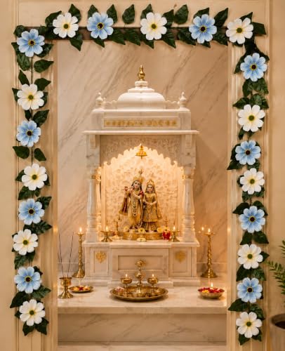 Image of Divyakosh Mango Leaf Vine with White & Blue Cosmos Flowers (6.5 FT) for Door Entrance Decor Creeper | Artificial Flowers Garland,Thoran,Festive Puja Wall Hanging for Diwali Navratri Ganpati Home Decor