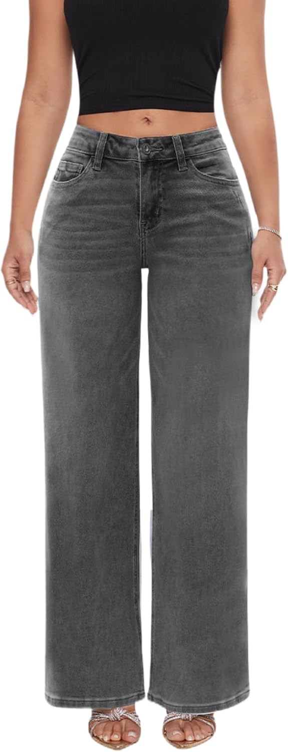 ONESO Mid-Low Rise Baggy Jeans Wide Leg for Women Distressed Pants Stretchy Bottom Lady Basic Comfortable Denim