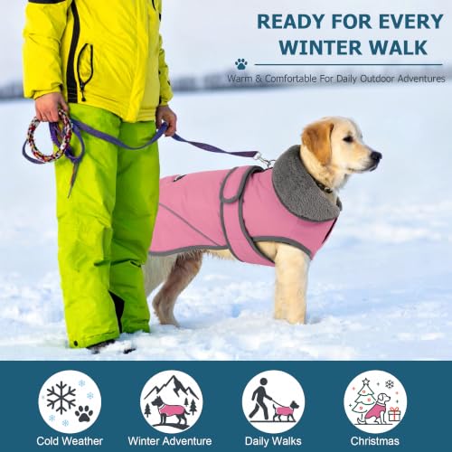 Image of Dogcheer Dog Coat, Waterproof Dog Jacket Reflective Pet Winter Coat with Adjustable Hook & Loop, Christmas Puppy Fleece Jacket Warm Turtleneck Snowsuit for Small Medium Large Dogs - Dusty Pink, S