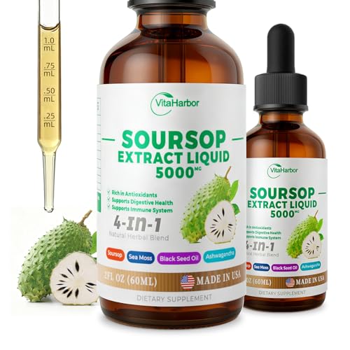 VitaHarbor 4-in-1 Soursop Bitters Liquid, Soursop Oil with Sea Moss & Black Seed Oil & Ashwagandha, for Immune & Digestive & Cell Support, Sugar-Free | Non-GMO | Vegan (2 Fl oz) Slightly Sweet Flavor