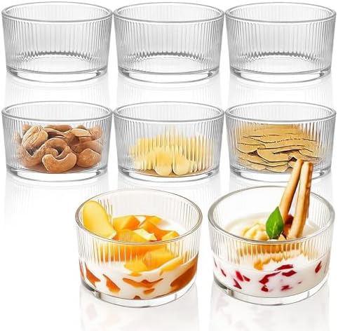 8 Pack 6oz Glass Dessert Bowls 200ml Ribbed Ice Cream Bowls for S...