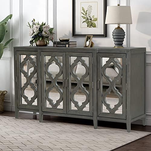 XD Designs 60'' Modern Mirrored Console Table Sideboard with 4 Cabinets & 3 Adjustable Shelves, Large Storage Cabinet Free Standing Kitchen Buffet Server for Entryway/LivingRoom/Dining Room (Gray-Mi)