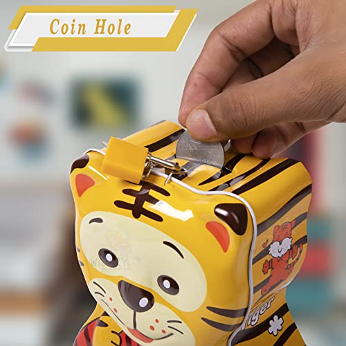 Image of WISHKEY Cute & Attractive Cartoon Tiger Shaped Metal Piggy Bank with Secure Lock & Keys for Kids, Money Saving Storage Coin Collector Box for Boys & Girls (Pack of 1, Multicolor)