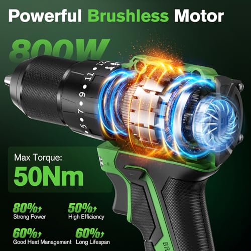 Ginour 21V Brushless Cordless Combi Drill Set, 2x1.5Ah, Hammer Drill 50Nm, compatible with Makita 18V Battery, 23+3 Torque, 2 Speed, 48PCS Electric Screwdriver kit, Impact drill for Masonry Wood Metal - Image 3