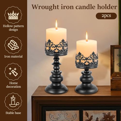 2pcs Gothic Candle Holder, Iron Candle Holder with Openwork Pattern, Halloween Candle Holders, Vintage Candle Holders for Table Centerpiece, Gothic Candle Stand Set for Pillar Candles (Black)