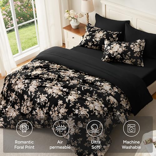 Image of Andency Floral Comforter Full Set, 7 Pieces Black Rose Flower Bedding Set