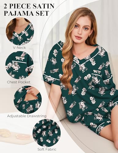 Image of Silk Pajamas for Women Short Sleeve Satin 2 Piece Pj Set Soft V Neck Sleepwear Loungewear, S-XXL