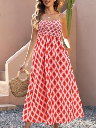 Image of Gardenwed Women's Floral Print Maxi Dress,Spaghetti Strap Smocked Bodice A-Line Sundress with Pockets