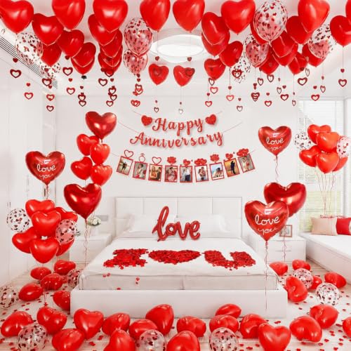 CboDeco Happy Anniversary Decorations Kit with Balloons Happy Anniversary Banner Red Heart Balloon Photo Banner Rose Petals Valentines Balloons for Wedding Valentines Day
