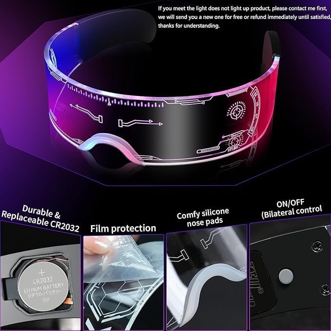 Image of HELLARO Luminous Glasses Light Up Glasses, Cyberpunk Led Visor Glasses with 7 Colors and 4 Modes, for Halloween Cosplay Party Bar Club Carnival