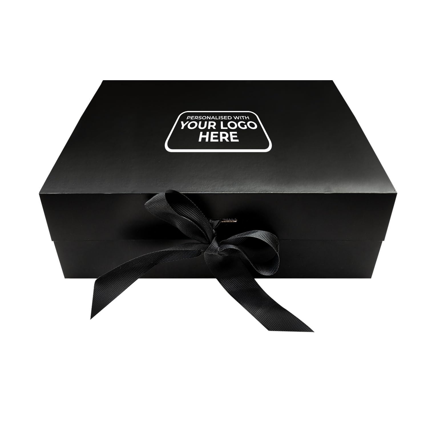 Personalised Present Box Large Magnetic Gift Box with Lid & Ribbon, Rigid Keepsake Box 26 x 18.5 x 8.3 cm, Box for Christmas, Hanukkah, Weddings, Birthdays & All Occasions (Black Box with Logo)