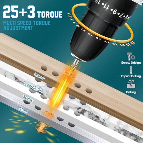 Household Hand-Held Bohrschrauber Set 21V: Akkubohrer mit 2 Akkus 2000mAh,45Nm Max Drill Set 25+3 Paar, 24 Stück Bohrer Akkuschrauber, 2 Geschwindigkeiten, Led-Licht für DIY Projekte(Bohrmaschinen) – Bild 4