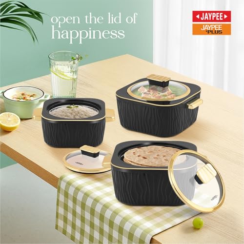 Image of JAYPEE Crinkle Klass Inner Stainless Steel Casserole Set of 3(1000+1500+2000) ml PUF Insulated Gold Finish Handle Lockable Lid BPA Free Hot Box for Kitchen Roti Box Hot Pot Serving Casserole,Black