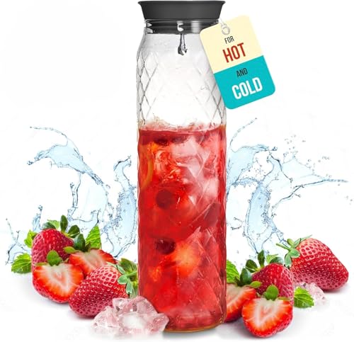 Glaskrug – 1,2 Liter, Borosilikatglas – Wasserkaraffe mit Deckel – für heiße/kalte Getränke – Milchkännchen – Eisteekrug – von PJC-Kitchen