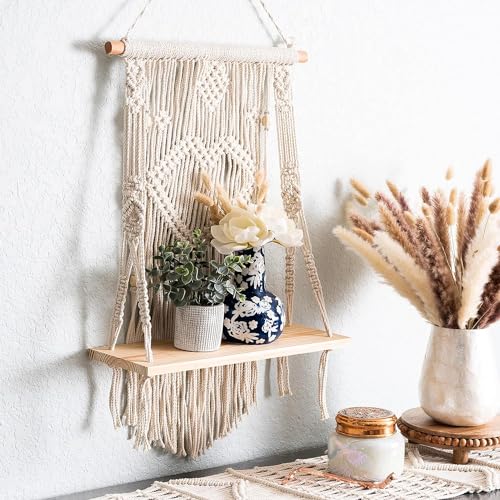 Love N Beyond Macrame Indoor Wall Hanging Floating Shelves for Wall Decor With Real Pine Wood Dowel...