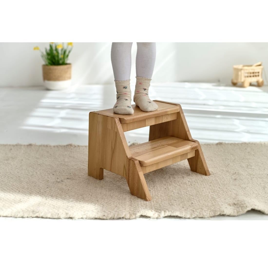 Crysellewoods Solid Sheesham Wooden Two Step Stool for Adults and Kids, Bed Stepstool with Anti-Slip Bottom, Heavy Duty for Kitchen, Bathroom 350 lbs Capacity (Natural)-image-6