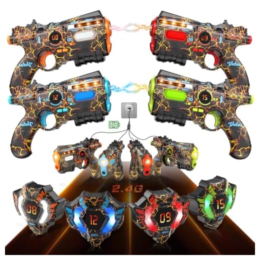 VATOS Wiederaufladbares Laser Tag Set mit 4 Spielern - 2.4GHz Daten Voll SYNC 4 Pistolen & 4 Westen, Geburtstagsspielzeug & Ideen Laser Tag Gun für Kinder Teen Erwachsene für Outdoor aktivitäten