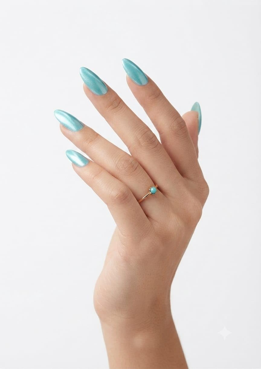 premium press on nails for women with glue, 24 pcs reusable almond shape artificial nails, salon like magnetic cat eye false nails set with manicure kit (mauve shimmer) (aqua blue +turquoise blue)-cat eye)