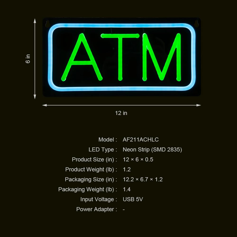 Wall Window Decoration Sign ATM LED Neon Sign 12x6 Inches - USB Powered ...