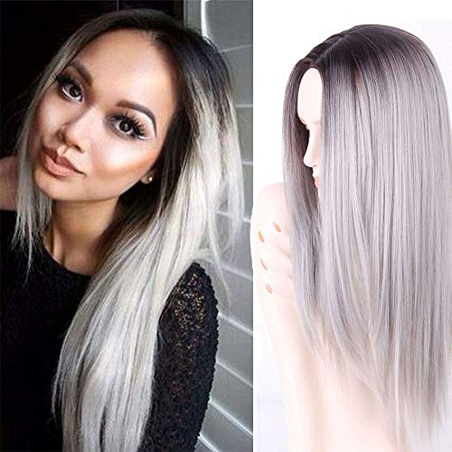 AISI HAIR Synthetic Long Straight Grey Ombre Wigs Middle Part Wig Dark Brown Roots Silver Grey Wig Ombre Heat Resistant Fiber Two Tone Full Wigs for Women