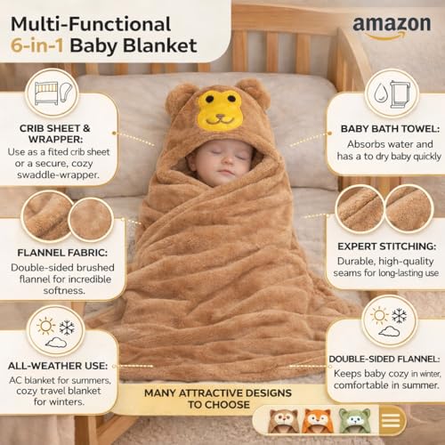 Image of BRANDONN Baby Blanket New Born Soft Coral Wrapper Cum A /C Blanket for Baby Boys and Baby Girls, 0-12 Months, Length - 82 cm x Width - 82 cm