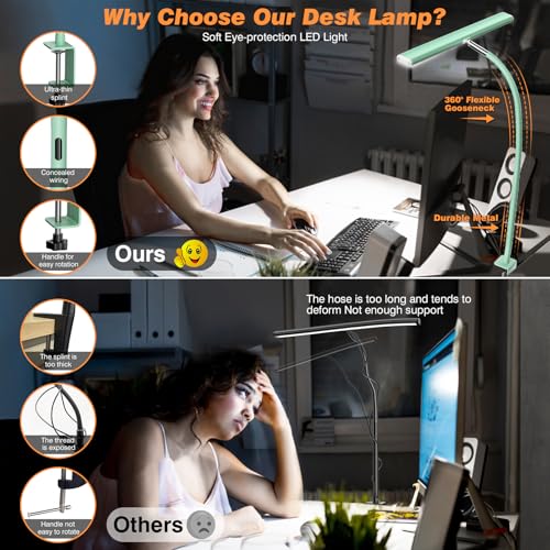 Image of Airlonv LED Desk Lamp for Office Home, Eye-Caring Desk Light with Stepless Dimming Adjustable Flexible Gooseneck, 10W USB Adapter Desk Lamp with Clamp for Reading, Study, Workbench (Mint Green)
