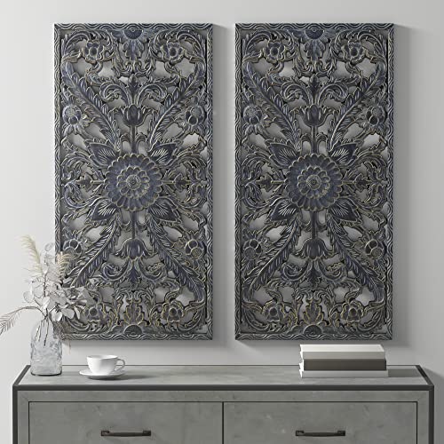 Image of Madison Park Carved Wood Wall Art 2 Piece, Floral Wooden Carving Wall Decor, Blue Wall Art Living Room Bedroom, Copper Embellished Boho, Ready to Hang, 15.75 inchW x 31.5 inchL, Patina Blue
