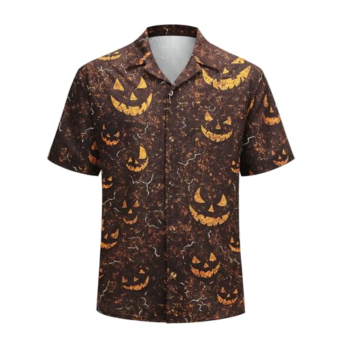 Halloween Button Up Shirts for Men Short Sleeve Funny Pumpkin Print Costumes Casual Hawaiian Shirt