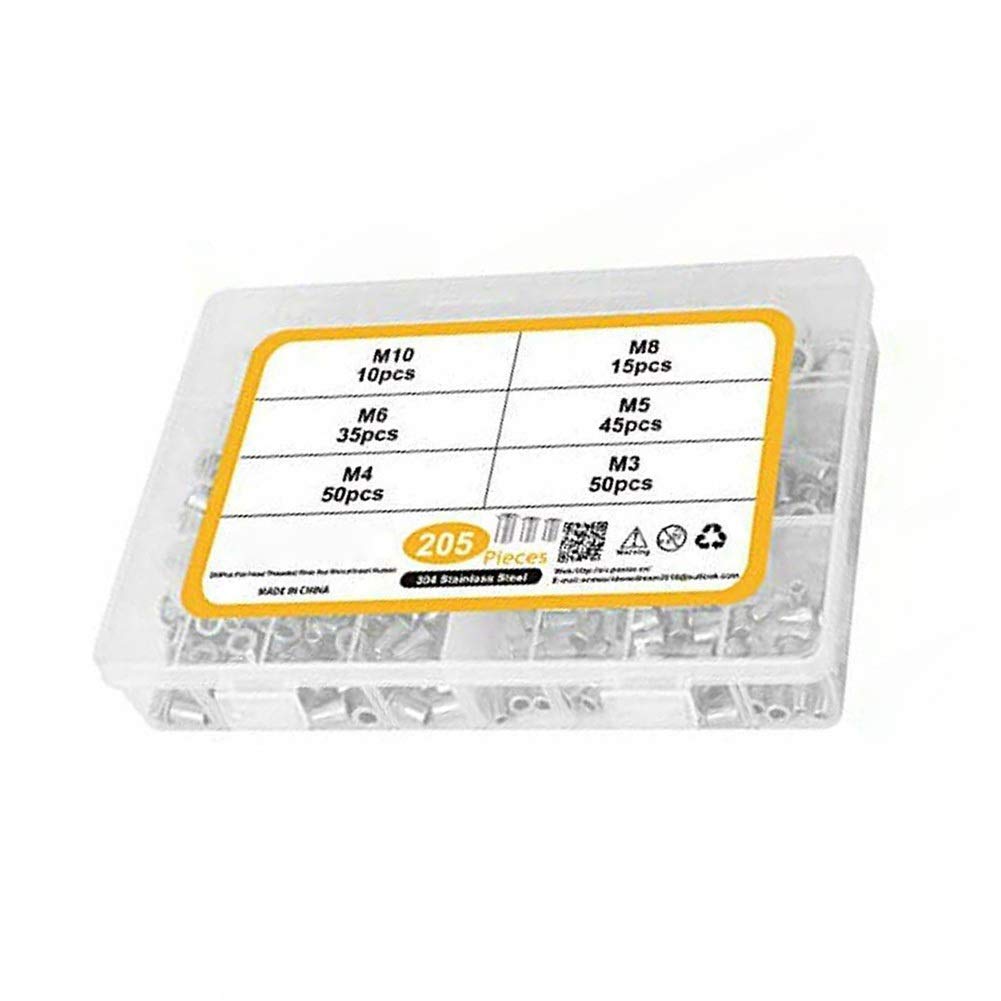 Dadi rivettati filettati, Confezione da 205 kit di dadi rivettati a testa piatta in acciaio inossidabile 304 M3/M4/M5/M6/M8/M10