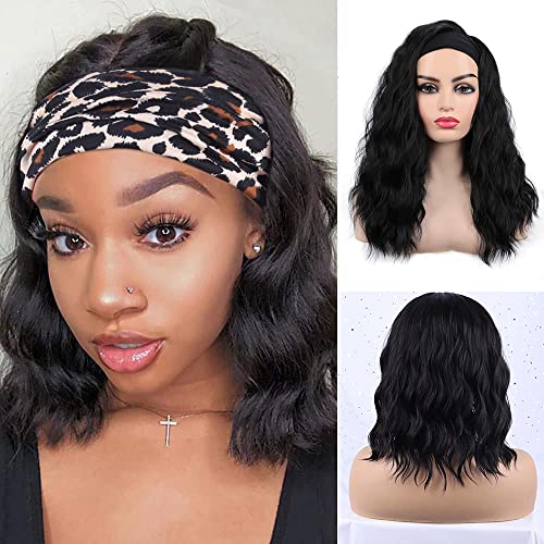 UD Headband Wig for Black Women Synthetic Heat Resistant Natural Deep Wavy Wigs for Women Medium Long Wavy Wigs (Black), 14 Inch