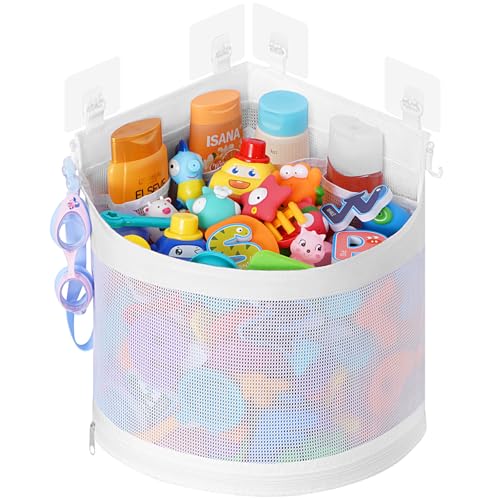 Lifewit Bath Toy Storage Holder Mesh Shower Caddy for Bathtub Toy Organizer Corner Hang Suspension Shower Toy Holder Bath Toy Basket with 4 Adhesive Hooks for Kids Toddlers Medium White