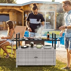 Tangkula Outdoor Bar Cart, Patiojoy Rolling Wicker Buffet Serving Cart with Tempered Glass Top, Storage Cabinet & 8 Hooks, Kitchen Island Cart on Wheels for Porch Backyard Garden Poolside (Mix Grey) Tangkula Outdoor Bar Cart Patiojoy Rolling Wicker Buffet Serving Cart with Tempered Glass Top Storage Cabinet 8 Hooks Kitchen Island Cart on Wheels for Porch Backyard Garden Poolside Mix Grey