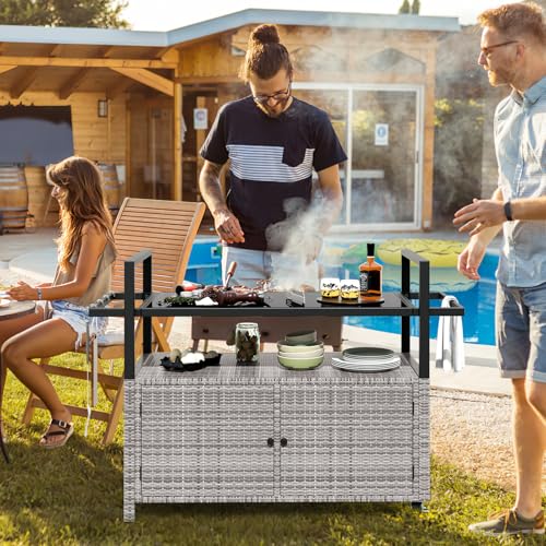 Tangkula-Outdoor-Bar-Cart-Patiojoy-Rolling-Wicker-Buffet-Serving-Cart-with-Tempered-Glass-Top-Storage-Cabinet-8-Hooks-Kitchen-Island-Cart-on-Wheels-for-Porch-Backyard-Garden-Poolside-Mix-Grey Tangkula Outdoor Bar Cart Patiojoy Rolling Wicker Buffet Serving Cart with Tempered Glass Top Storage Cabinet 8 Hooks Kitchen Island Cart on Wheels for Porch Backyard Garden Poolside Mix Grey