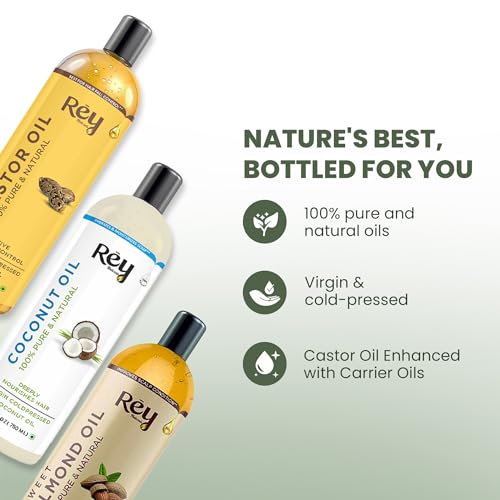 Image of Rey Naturals Hair Oil Combo - Cold Pressed Castor Oil, Virgin & Pure Coconut oil & Sweet Almond Oil For Hair, Skin & Face - 200ml Each | For Hair Growth, Hairfall Control, Eyebrow & Eyelashes