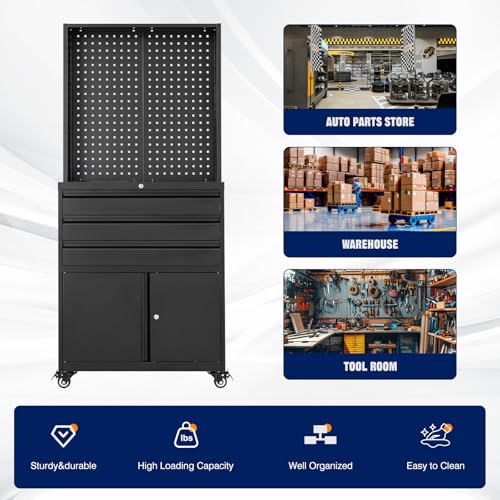 Image of Yizosh Metal Garage Storage Cabinet with Wheels,3-Drawer Rolling Tool Cabinet with 2 Door and Adjustable Shelves,- 71 inch Steel Tool Cabinet for Warehouse,Garage,Workshop