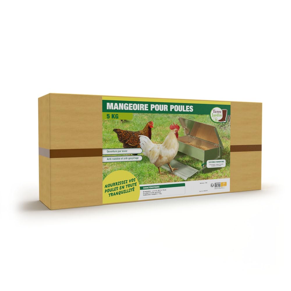 TERRE JARDIN - Mangeoire Poules, 5 kg, XL - Mangeoire Poules Anti Nuisible, Acier Galvanisé - Automatique, Anti Gaspillage, Étanche, Refermable à Pédale, Anti Rangeurs, Oiseaux