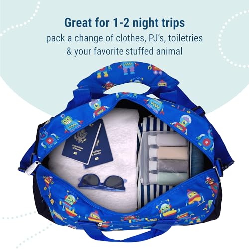 Image of Wildkin Kids Overnighter Duffel Bag - Carry-On Travel Bag for School & Sleepovers, Lightweight, Durable, Boys & Girls Ages 4-15 - Robots