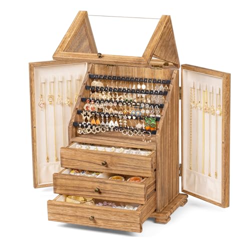 Srillollar Jewelry Box Organizer, Rustic Wooden Jewelry Boxes for Women Girls, Large Storage Earring Holder Organizer Display for Earrings Necklaces Rings Bracelets (Rustic Brown)